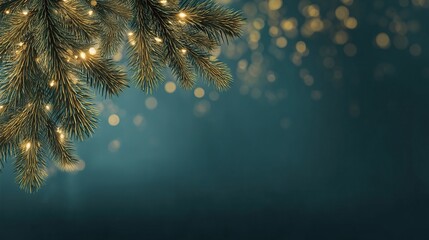 Christmas background with green pine branches and glowing golden lights against a deep dark blue backdrop, creating a warm, festive winter holiday atmosphere full of magic and charm.