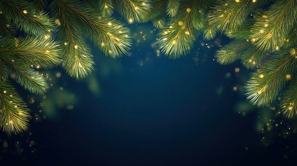 Christmas background with green pine branches and glowing golden lights against a deep dark blue backdrop, creating a warm, festive winter holiday atmosphere full of magic and charm.
