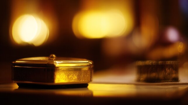 Sacred altar setup featuring a golden chalice and ornate pyx bathed in warm devotional lighting.