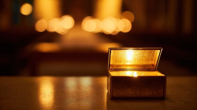 A luminous pyx beside a polished chalice on a church altar, glowing under gentle ritual candlelight.