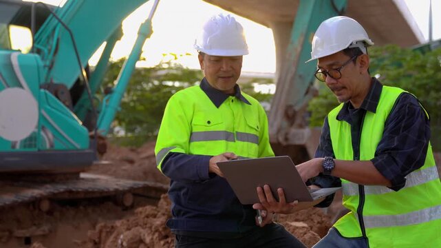 Construction Site Discussion: Two engineers in safety attire are deep in a discussion at a construction site, reviewing details on a tablet amid heavy machinery and infrastructure.