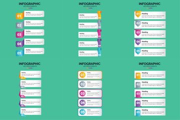 Set of six colorful infographic templates with icons charts and text placeholders for business and marketing presentations.