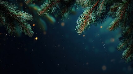 Christmas background with green pine branches and glowing golden lights against a deep dark blue backdrop, creating a warm, festive winter holiday atmosphere full of magic and charm.