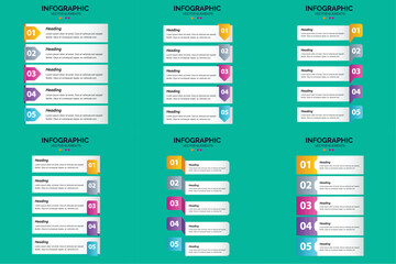 Set of six colorful infographic templates with icons charts and text placeholders for business and marketing presentations.