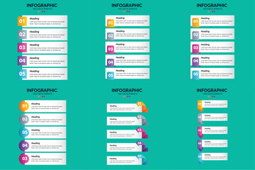 Set of six colorful infographic templates with icons charts and text placeholders for business and marketing presentations.