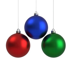 Three colorful christmas baubles, red, blue, and green, hanging and isolated on transparent background