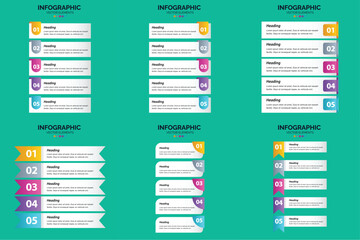 Set of six colorful infographic templates with icons charts and text placeholders for business and marketing presentations.