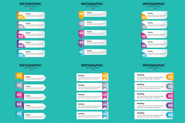 Set of six colorful infographic templates with icons charts and text placeholders for business and marketing presentations.