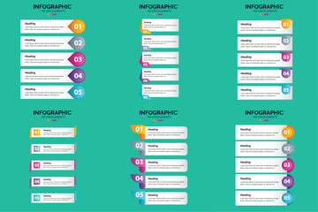 Set of six colorful infographic templates with icons charts and text placeholders for business and marketing presentations.