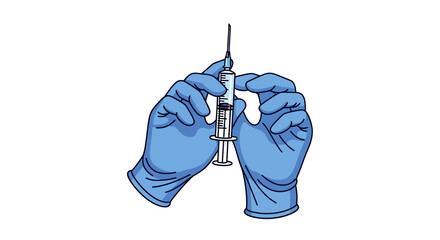 Two bluegloved hands hold a syringe upright on a white background © krossreus