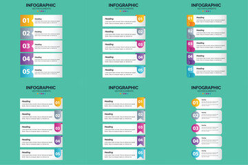 Set of six colorful infographic templates with icons charts and text placeholders for business and marketing presentations.