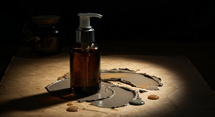 Earthy tones and textures showcasing a dark amber serum bottle product with mud masks
