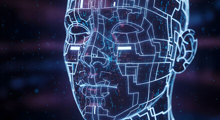 Abstract digital human face with intricate glowing circuit patterns, embodying the essence of artificial intelligence and advanced technology