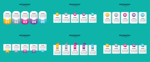 Set of six colorful infographic templates with icons charts and text placeholders for business and marketing presentations.