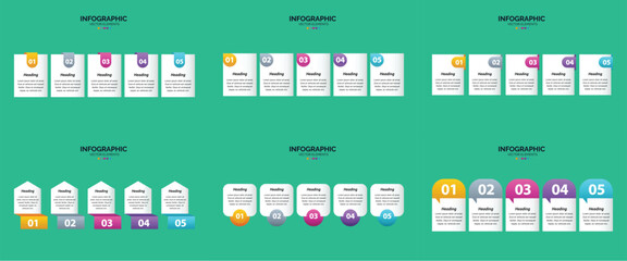 Set of six colorful infographic templates with icons charts and text placeholders for business and marketing presentations.