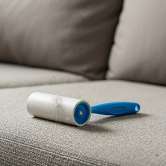 Lint roller resting on fabric couch in neutral colors  