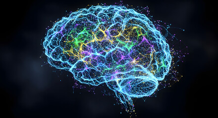 Intricate digital visualization of a human brain with glowing neural networks, symbolizing advanced intelligence, thought processes, and the fusion of technology with cognitive science