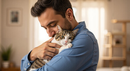 Man gently hugging a rescued cat close to his chest indoors  