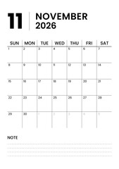 Minimalist Monthly Calendar Template for November 2026 in Portrait Format. Printable Monthly Calendar Planner Template for 2026 with week starts on Sunday