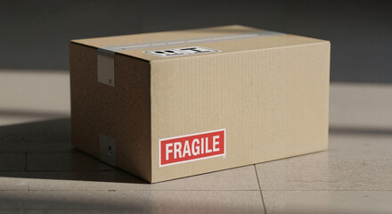 Cardboard box with visible FRAGILE label placed on the floor indoors  
