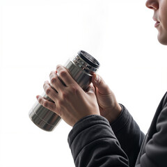 Person sipping from a stainless steel thermos with both hands indoors  