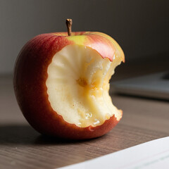 Bitten apple resting on desk surface with natural lighting  