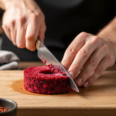 Chef slicing beet tartare on wooden board with focused hands  