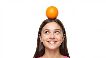 Cheerful girl smiling while balancing a whole orange on her head  