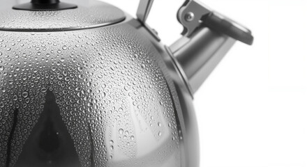 Close-up of stainless steel kettle with condensation on surface  