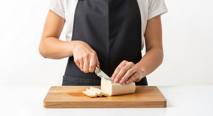 Woman slicing vegan cheese on wooden cutting board in kitchen  