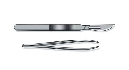 A scalpel and tweezers are shown lying flat in a closeup