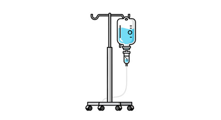 An IV drip bag hangs from a metal stand with wheels