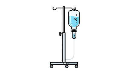An IV drip stands with a bag of blue liquid suspended connected to a tube