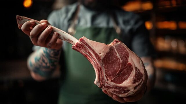 A professional chef holding a raw tomahawk steak by the bone, showcasing the marbled meat in a high-end kitchen setting. culinary craftsmanship, and gourmet preparation.