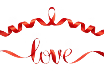 Red ribbon forming the word love and decorative swirls, isolated on transparent background
