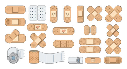 Diverse bandaids tan  cross shapes rolls heart smiley  white with holes on white backdrop