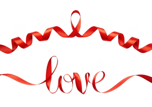 Red ribbon forming the word love and decorative swirls, isolated on transparent background