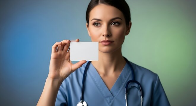 Female Doctor Holding Business Card in Hospital Setting.
