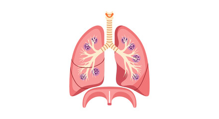 Human lungs and trachea depicted with purple spots and stylized design