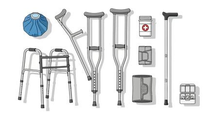 Medical aids arranged include walker crutches cane ice pack meds bandaids pills and support wrap