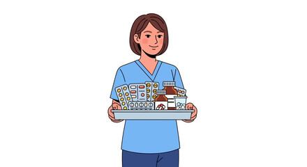 Nurse with short brown hair carrying a tray full of medications