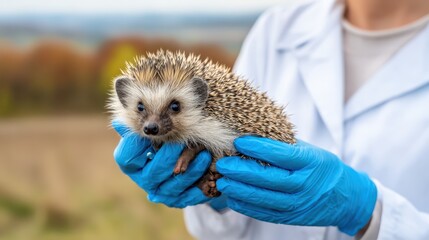 Small hedgehog being gently held by a person in blue gloves, showcasing the animal's unique features and textures in a natural outdoor setting with blurred background