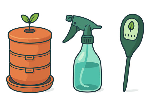 Gardening equipment set for indoor plants featuring organic composting bin and soil moisture meter - Powered by Adobe