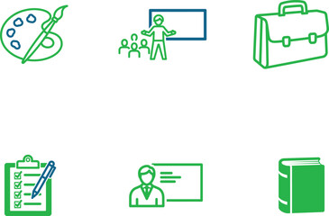 Education and Professional Development Vector Icons Displaying Art Class Presentation Business Meeting and Academic Achievement Highlighting Various Aspects of Learning and Growth