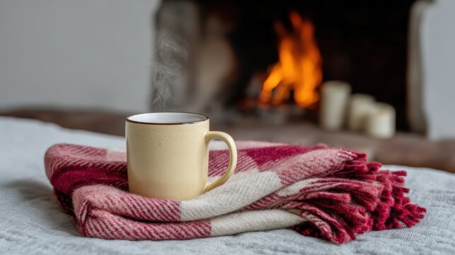 Cozy yellow mug filled with steaming beverage sits on a soft red and white checkered blanket, with a warm fireplace glowing in the background, creating a comforting atmosphere