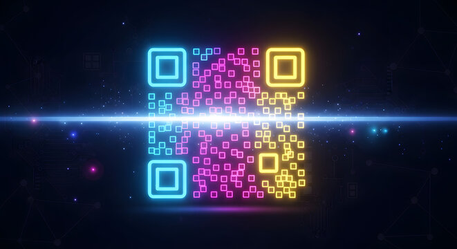 Abstract visualization of a glowing neon QR code on a dark digital background representing data, information, and futuristic technology