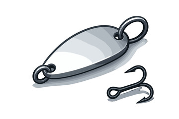 Bright metallic fishing spoon lure and sharp black treble hook isolated on white background