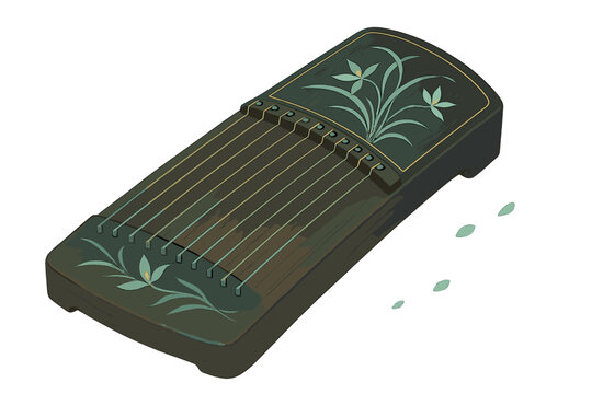 Detailed traditional Chinese string instrument zither with decorative floral inlay design