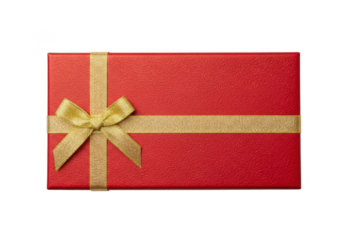 A textured red gift box adorned with a golden ribbon tied in a classic bow, isolated on a transparent background