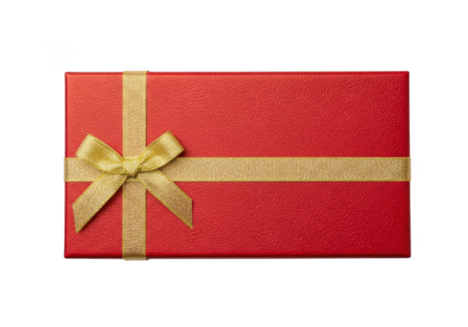 A textured red gift box adorned with a golden ribbon tied in a classic bow, isolated on a transparent background - Powered by Adobe